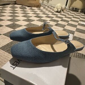 🆕 Nine West Denim Slip-On Mules Flats with Studded Buckle Shoes